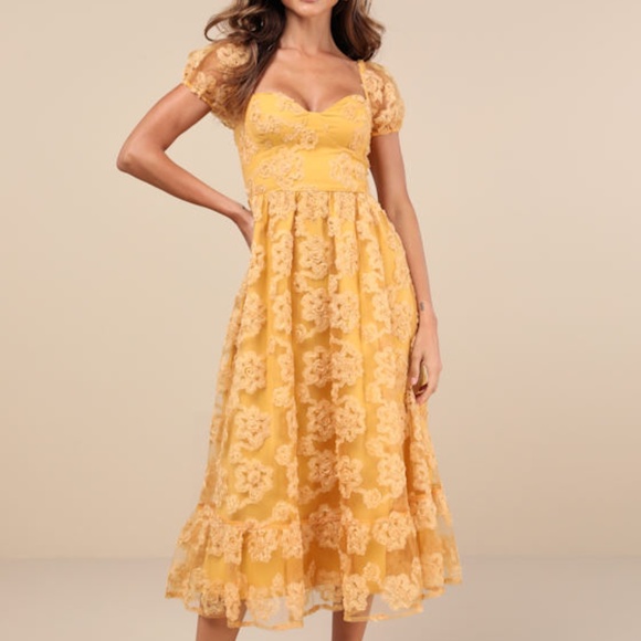 Lulus Notable Elegance Yellow Mesh Floral Applique Bustier Midi Dress - Size XL - Picture 1 of 1